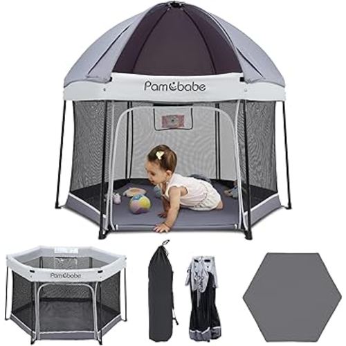Pamo Babe Baby Playpen with Sun Protection Canopy - Indoor & Outdoor Play Yard for Babies and Toddlers - Baby Tent with Zipper Door