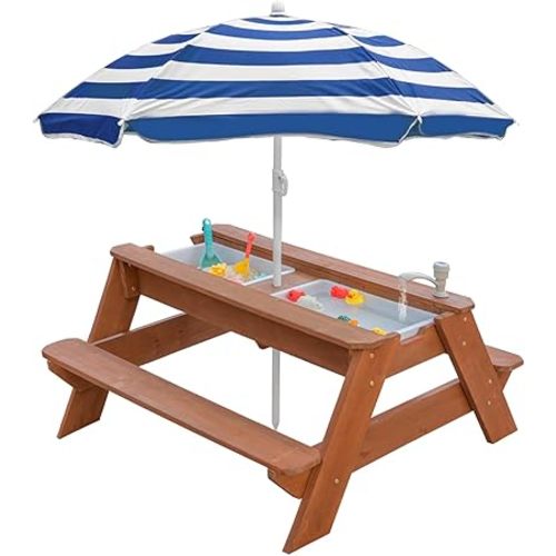 Kids 3-in-1 Sand & Water Activity Table, Wood Outdoor Convertible Picnic Table, 2 Play Boxes, Removable Top with Faucet, Picnic for Outdoor Backyard Patio Play (Brown/Navy)