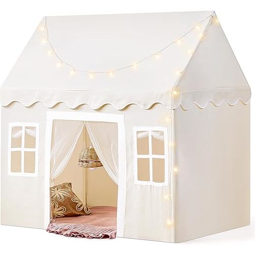 Tiny Land Play Tent with Padded Mat & LED Lights, Kids Tent, Playhouse for Kids, Indoor Bed Tent for Toddler, Toys for 3,4,5,6-Year-Old Girls, Neutral Color Play Room Furniture