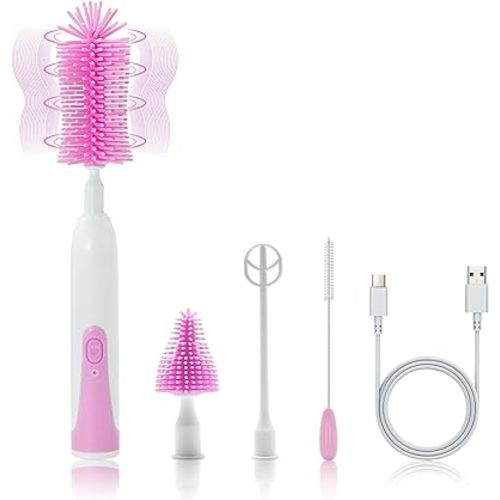 Electric Cleaning Brush with Bottle Brush & Milk Mixer, Rechargeable Electric Bottle Brush with 2 Speed Mode,Powerful Waterproof Bottle Cleaner Brush,A Must Have for Daily Life (Plum)