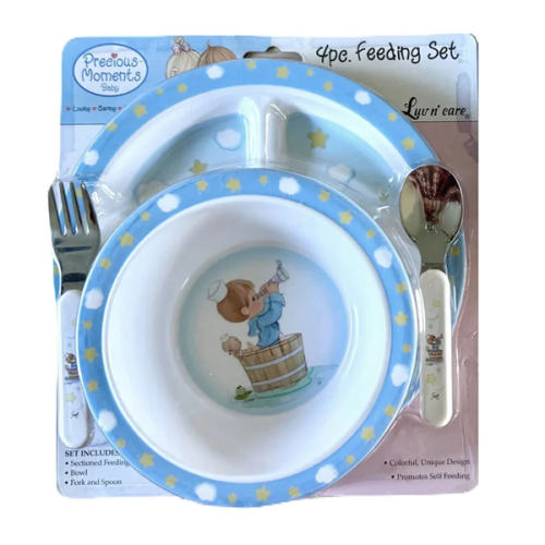 Precious Moments Baby Toddler Mealtime Feeding Gift Set Child 4PC Pink Girl or Blue Boy Divided Plate Bowl with Fork & Spoon - Baby Shower Gift