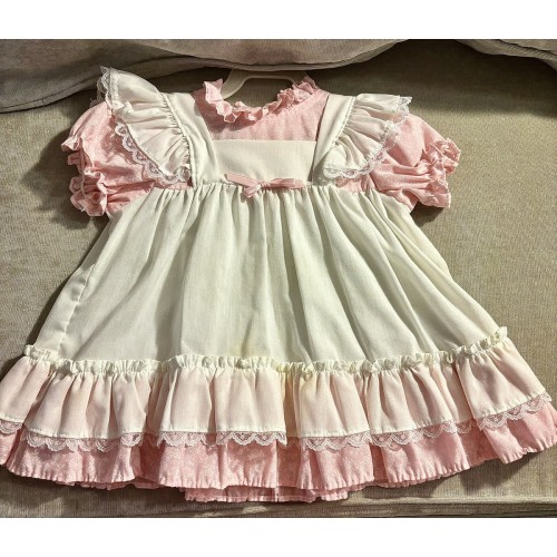 Vintage New York Kids Baby Size 24M Pink Lace Ruffle Dress With Bow Baby Girl