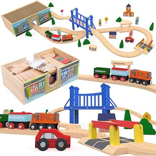 Orbrium Toys 52 Pcs Deluxe Wooden Train Set with 3 Destinations Fits Thomas, Brio, Chuggington, Melissa and Doug, Imaginarium Wooden Train