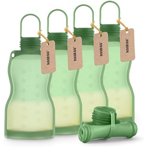 haakaa Silicone Breast Milk Storage Bag 9 oz- Reusable Breastmilk Freezer Bag for Breastfeeding,Storing Pouch,Breast Pump Accessory,Self Standing- Leakproof 5PK-Green