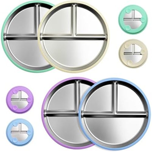 Stainless Steel Kids Plates, Plates with Suction, Stainless Steel Plate Suction, Divided Control Plate with Removable Silicone Shell, Feeding Food Tray (Beige&Blue&Green&Purple)