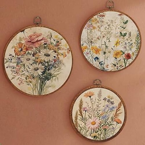 Fiwochic 3 Pcs Round Wildflowers Boho Wall Decor Vintage Flowers Wall Artwork Spring Floral House Artwork Flowers Painting Canva Print Framed Art Farmhouse Nature Hanging Boho Decor for Bedroom