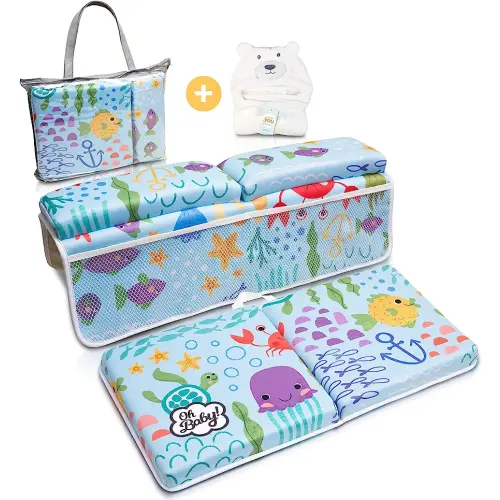 Bath Kneeler and Elbow Rest Pad Set - Includes Hooded Baby Towel, Baby Bath Cushion with 1.5" Neoprene Padding, 8 Suction Cups - Bath Tub Kneeler and Elbow Rest, 4 Mesh Pockets for Bath Essentials