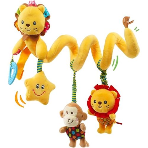 Jollybaby Crib Stroller Car Seat Toys for Baby 0-3-6-9-12 Months, Tummy Time Hanging Sensory Toys for Newborn with Music Box and Teether, Spiral Carseat Toy for Baby Boys Girls Gifts (07-Little Lion)