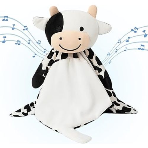 Love By Emi 4 in 1 Baby Lullaby Sleep Soother Toy - Stuffed Animal Sound Machine & Pacifier Holder | Heartbeat White Noise & Music | Plush Cow Lovey Sleep Aid Security Blanket (0-3 Years)