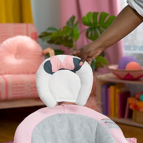 Bright Starts Disney Baby Minnie Mouse Comfy Baby Bouncer Soothing Vibrations Infant Seat - Music, Removable -Toy Bar, 0-6 Months Up to 20 lbs (Rosy Skies)
