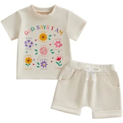 Baby Girl Letter T-shirt Cotton Shorts 2PCS Clothes Set God Says I am Floral Tee Tops Infant Toddler Summer Outfit