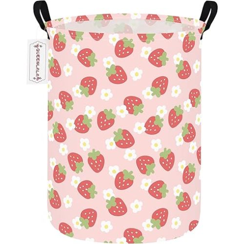 QUEENLALA Large Storage Basket,Laundry Hamper/Bathroom/Home Decor/Collapsible Round Storage Bin,Boys and Girls Hamper/Boxes/Clothing(Round-Pink Strawberry)