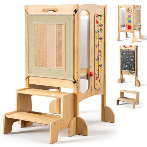 KOLIGEY Foldable Toddler Tower, Kitchen Stool Helper, Toddler Standing Tower for Kids with Safety Net, Adjustable Height