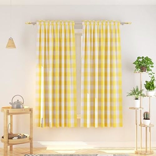 Buffalo Check Curtains 72 inches Long Cotton Basement Yellow and White Gingham Plaid Kitchen Window Panels Living Room Checker Drapes Bedroom Rod Pocket Window Treatment 2 Panels