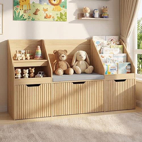 55.12’’Kids Bookshelf with Reading Nook, Toy Storage Organizer with Seat Cushion and 2 Movable Drawers, Kids Bookcase Toy Organizers with 2 Doors Storage for Playroom, Bedroom, Natural