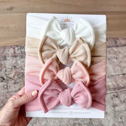 Neutral + Pink Waffle Baby Headbands – Top Knot and Oversized Bows for Newborn & Babies (White, Oatmeal, Peachy Pink, Dusty Pink)