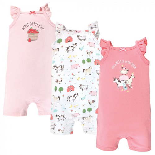 Hudson Baby Infant Girl Cotton Rompers, Girl Farm Animals, 3-6 Months