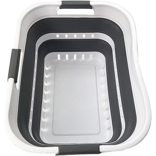 SAMMART Collapsible Plastic Rectangular Laundry Basket - Foldable Pop Up Storage Container/Organizer - Portable Laundry Hamper - Space Saving (White/Steel Grey, 30L)