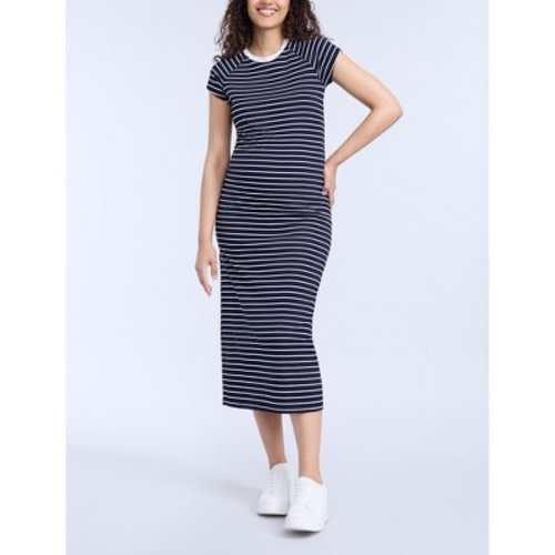 Women's Rib Knit Short Sleeve Raglan Midi Dress - Peacoat & White Stripe - Size: Large - Motherhood Maternity