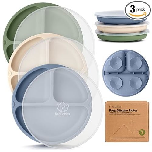 KeaBabies Suction Plates with Lids for Baby - 3-Pack 100% Silicone Toddler Plates with Suction, Divided, BPA-Free Baby Led Weaning Essentials for Kids, Dishwasher, Microwave Safe, Durable (Slate)