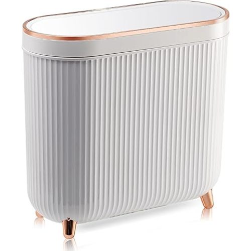 Bathroom Trash Can with Lid 3.2 Gallon Narrow Trash Can Small Plastic Trash Bin 12 Liter Rectangular Plastic Garbage Can with Press Type Lid for Bedroom Bathroom Milk White