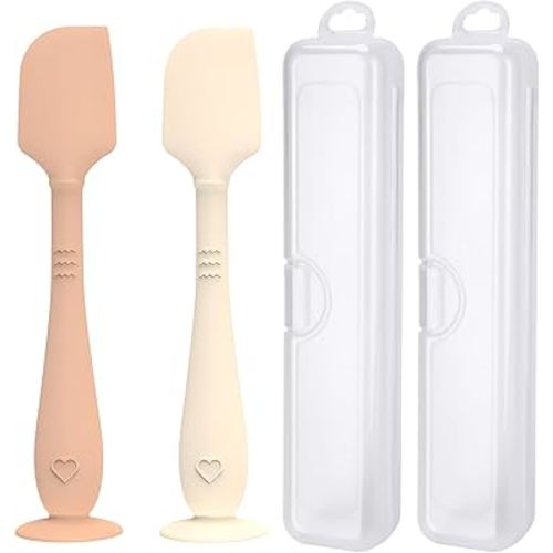 2 Pack Diaper Cream Spatula with Hygienic Travel Case, Butt Spatula Baby with Suction Base, Baby Butt Paste Spatula, Soft Silicone Diaper Rash Cream Applicator Large Size (Brown & Offwhite)