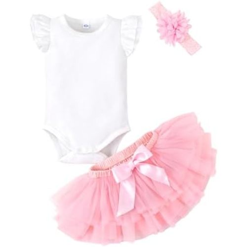 LYSMuch 0-24M Baby Girls Outfit Set Tutu Skirt with Diaper Cover Ruffle Sleeve Bodysuit Flower Headband