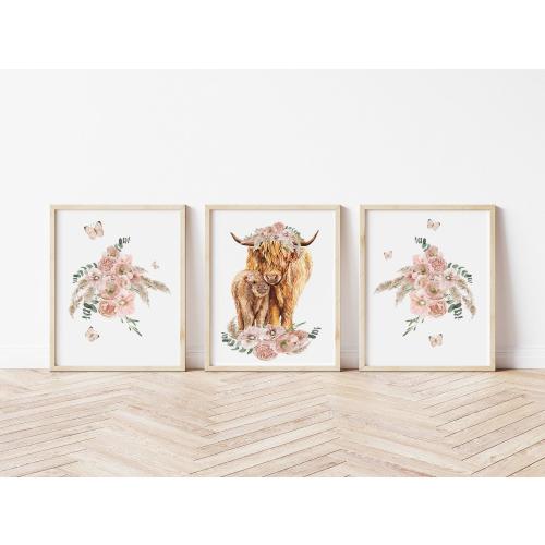 Baby Girl Highland Cow Art Prints - Set of Three Boho Floral Highland Cow Canvases- Baby Girl's Wall Art -Farmhouse Playroom Wall Art - A542