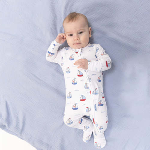 Bubbly Sailboats Blue - 2 Way Zipper Footie