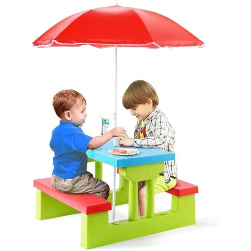 HONEY JOY Kids Picnic Table, Toddler Plastic Outdoor Table & Bench Set with Umbrella, Children Patio Furniture Set for Backyard Garden, Kids Picnic Tables for Outdoors, Gift for Boys Girls Age 3+