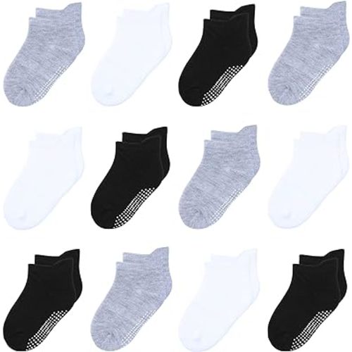 12 Pack Non Slip Kids Toddler Baby Socks with Grips 1-7 Years Boys Girls Cotton Ankle Socks Multi Colors