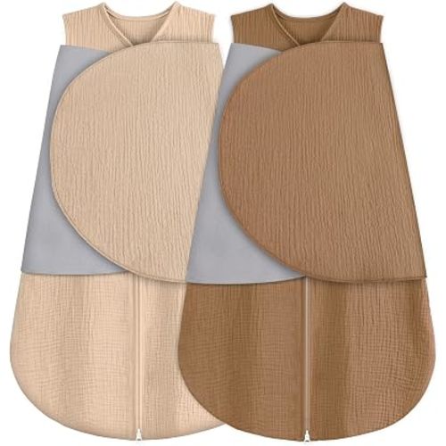 Newborn Sleep Sack Baby Swaddle,100% Muslin Cotton,3-Way Adjustable Wearable Blanket,Swaddling Sleeping Bag (2, Beige & Khaki, 6-12 Months)