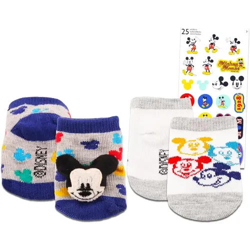Disney Mickey Mouse Rattle Socks for Baby - Bundle with 4 Pk Rattle Pom Socks for 0-6 Months Old Babies & Stickers | Disney Baby Socks