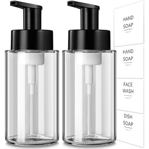 Foaming Soap Dispenser, 10 oz/300ml Foaming Hand Soap Dispenser, 2 Pack Glass Foaming Soap Dispenser for Bathroom & Kitchen, Clear Refillable Foam Soap Dispenser Bottle with Waterproof Labels
