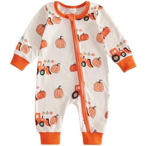 Baby Halloween Outfit Pumpkin Bulldozer Print Romper