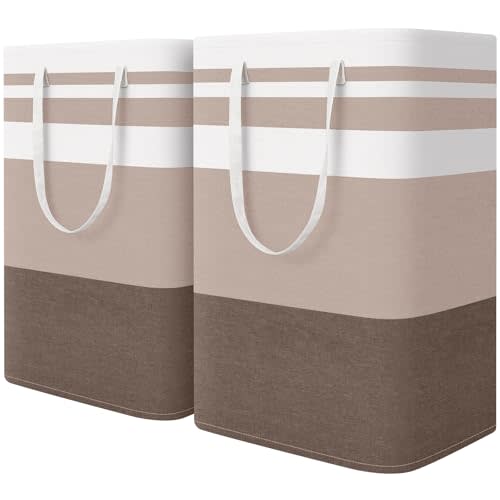 HomeHacks 2-Pack Large Laundry Basket, Waterproof, Freestanding Laundry Hamper, Collapsible Tall Clothes Hamper with Extended Handles for Clothes Toys in the Dorm and Family (Brown, 75L)