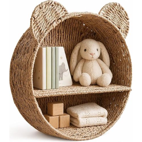 Woven Wall Basket Shelf Bear Nursery Decor — Boho Handwoven Hanging Wall Decor for Kids Room, Paper Rope Stuffed Animal Organizer, Baby Nursery Floating Shelf