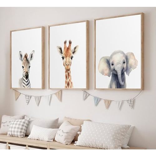 LYNARTFN Kid'S Room Animals Wall Art Pictures Cute Giraffe Zebra Elephant Canvas Prints Woodland Nursery Posters Watercolor Wall Decor Painting For Baby Boys And Girls Room 16x24in Unframed