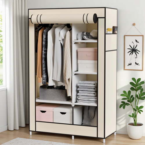 BAOKALER Wardrobe Closet Storage, Hanging Closet organizer, Clothes Rack with Cover, Tool-Free Assembly Clothes Storage for Home Bedroom Living Room, Beige