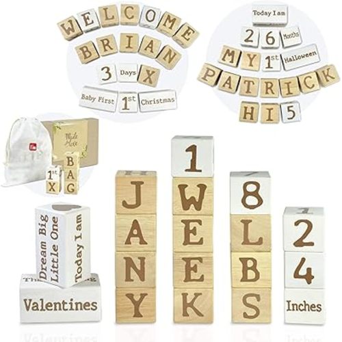 I'm Solid Wood Monthly Weekly Baby Milestone Age Blocks, Personalized Own Name, Gender Neutral, Newborn Gifts & Keepsakes for Picture Props (1.9" / 18 Pcs/Brown)