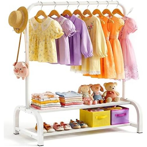 Kids Clothes Rack, Montessori Kids Clothing Rack for Ages 3-6 with 2 Fabric Storage Shelves & Hooks, Toddler Dress Up Rack for Costumes, Princess Dresses and Shoes, White