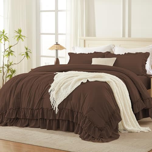 Andency Brown Oversized King Comforter Set (120x98Inch), 3 Pieces Ruffle Comforter Set with 2 Pillowcases, Farmhouse Shabby Chic Lightweight Fluffy Soft Polyester All Season Bed Set