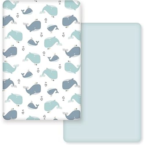 GRSSDER Stretchy Ultra Soft Jersey Knit Fitted Pack n Play Sheets Set 2 Pack, Portable/Mini Cribs Playards Sheets, Universal Fitted Pack and Play Mattress Sheets, Lovely Whale for Girls and Boys