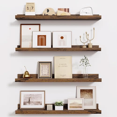 Fun Memories Picture Ledge Shelf - 24 Inches Floating Shelves Set of 4 - Nursery Bookshelves for Storage - Wood Bookshelf Wall Mounted for Bedroom - Living Room - Kitchen - Rustic Brown