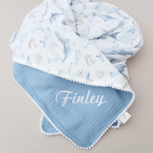 Personalized Ocean Baby Blanket, Organic Muslin Whale Swaddle