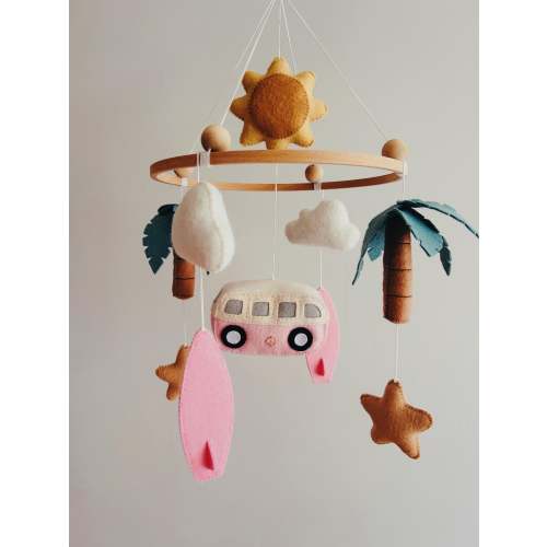 Beach Baby Mobile: Felt Surf Van, Palm Tree, Sun Decor