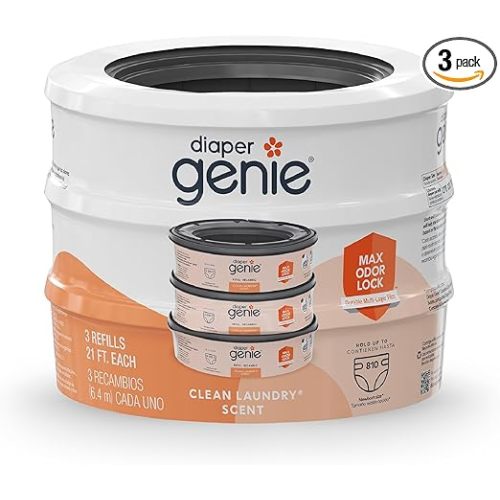 Diaper Genie Bags Refills 270 Count (Pack of 3) Clean Laundry Scent | Diaper Pail Refills with Max Odor Lock | Holds up to 810 Newborn Diapers