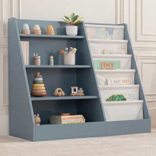 Comfy Cubs Kids Bookshelf 35.2 x 15.7 x 31.5 Inches - Sturdy Montessori Shelf with Soft & Hard Shelves - Pacific Blue
