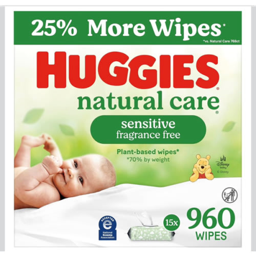 Huggies Natural Care Sensitive Baby Wipes, Unscented, Hypoallergenic, 99% Purified Water, 15 Flip-Top Packs (960 Wipes Total)