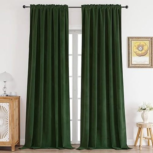 CUCRAF Dark Olive Green Velvet 100% Blackout Curtains 84 inches Long, Forest Green Curtains Noise Reducing Rod Pocket, for Bedroom Living Room(52x84 inches, 2 Panels)